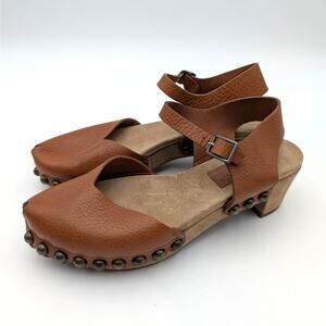 Pedro García Platform Clog Sandals Ankle Strap Studded Tan Leather US7 EU37
